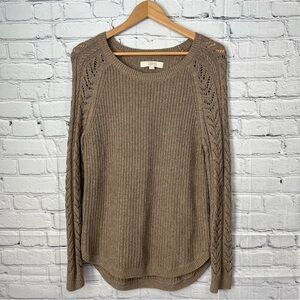 LOFT Cable Knit Sweater Womens Size Small Brown Hi Low Hem Round Neck